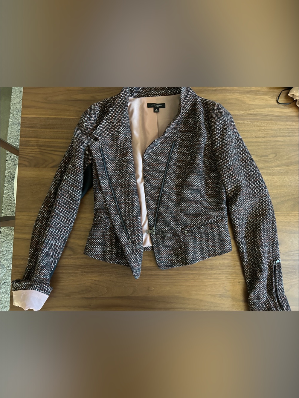 Ann Taylor Blush and Black Textured Zip-Front Blazer